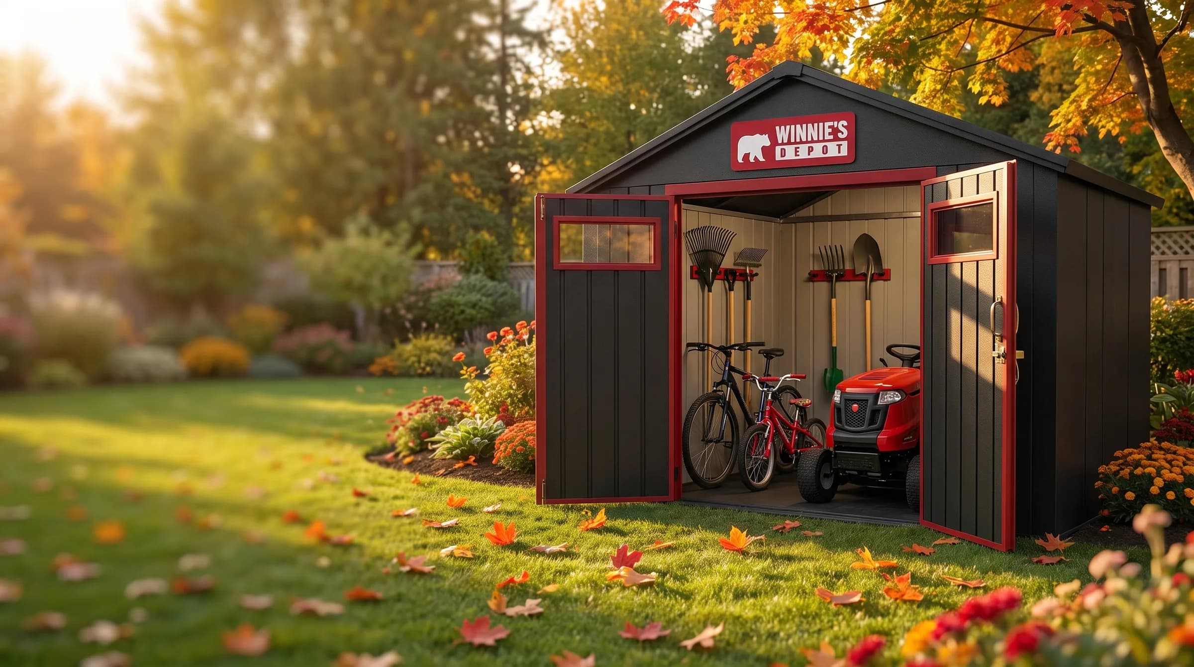 A Winnie's Depot storage shed with its doors open, a riding mower, bikes and yard tools inside, on a lawn scattered with fall leaves