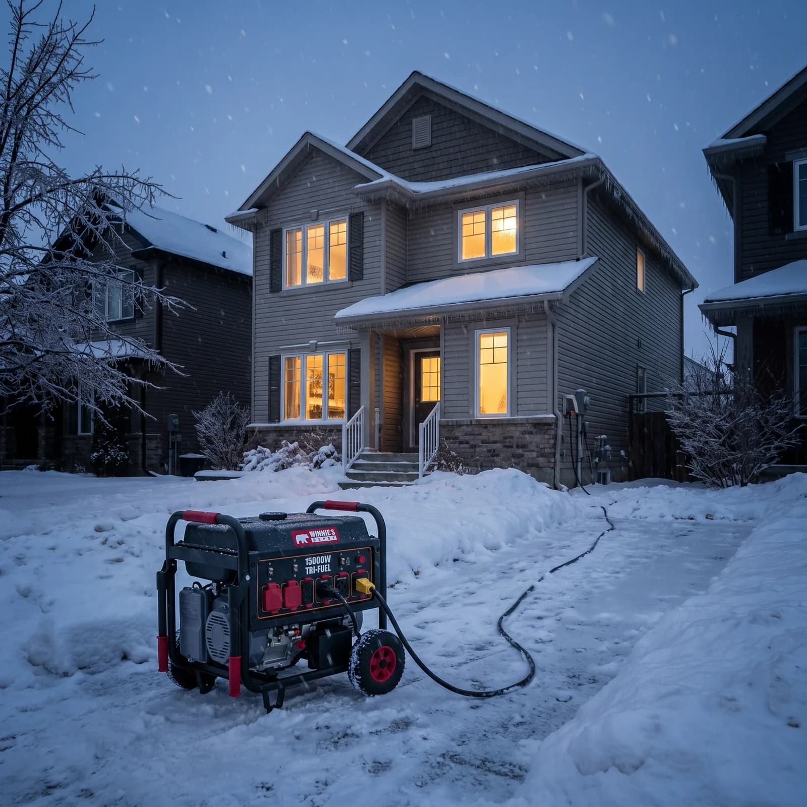 Aurora 15K Tri-Fuel Generator on a snowy driveway at dusk during an ice storm, powering a home with glowing windows