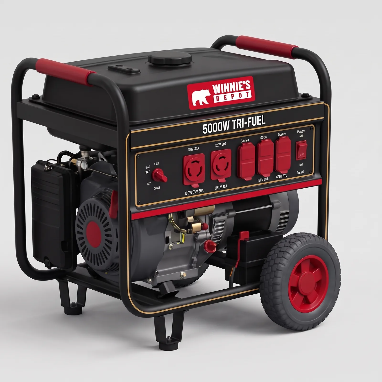 Aurora 5K Tri-Fuel Generator in matte black with red handles and wheel hubs, WINNIE'S DEPOT decal and 5000W TRI-FUEL panel