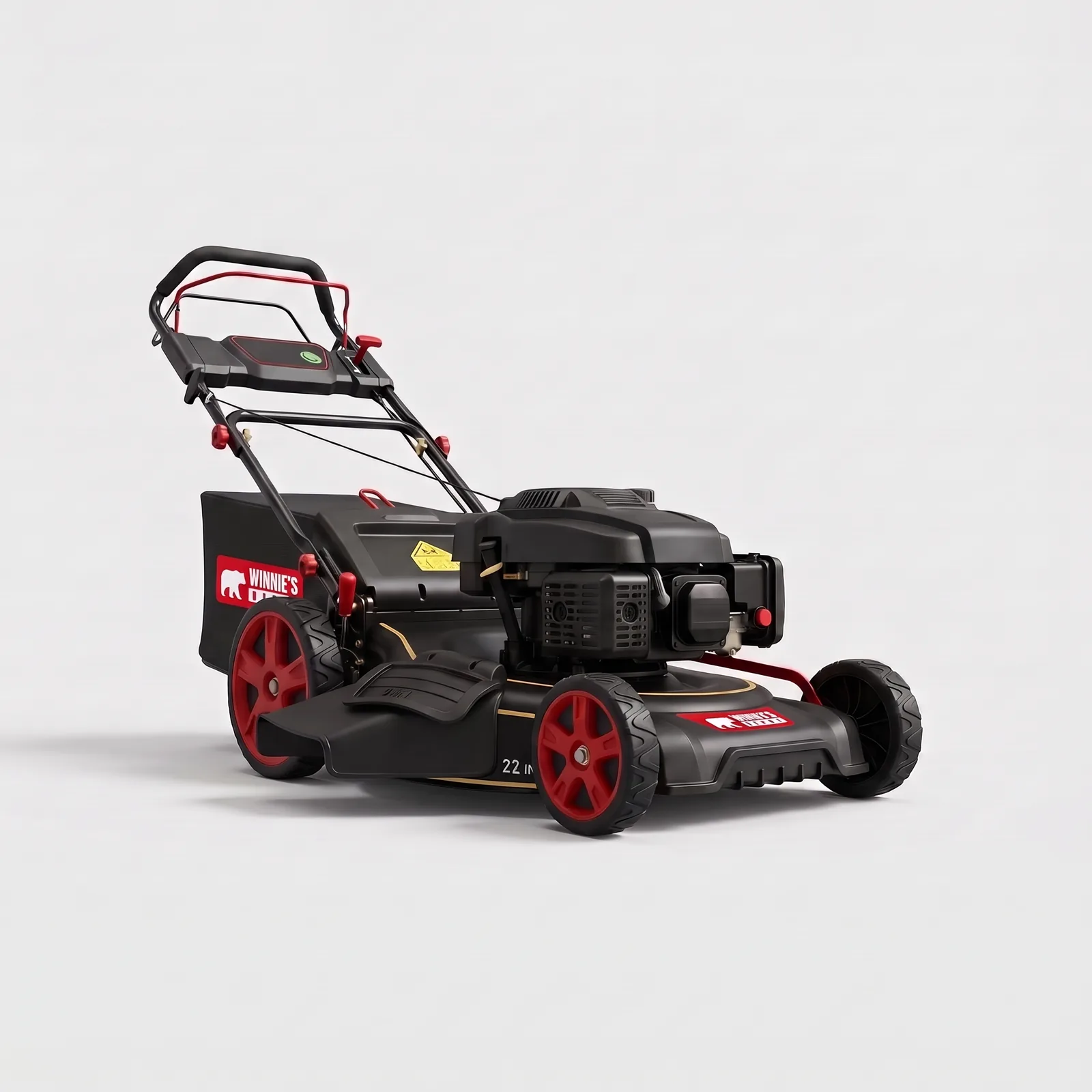 Forks 22 Self-Propelled Mower in matte black with red wheels, rear grass bag and WINNIE'S DEPOT decals, studio view