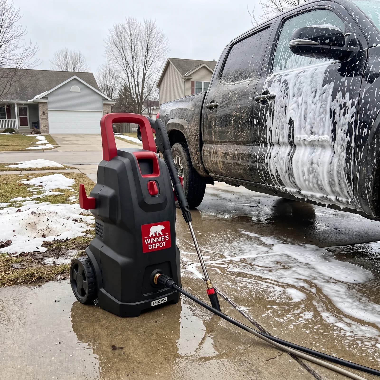 Niagara 2000 electric pressure washer on a wet driveway beside a foam-covered pickup truck in early spring