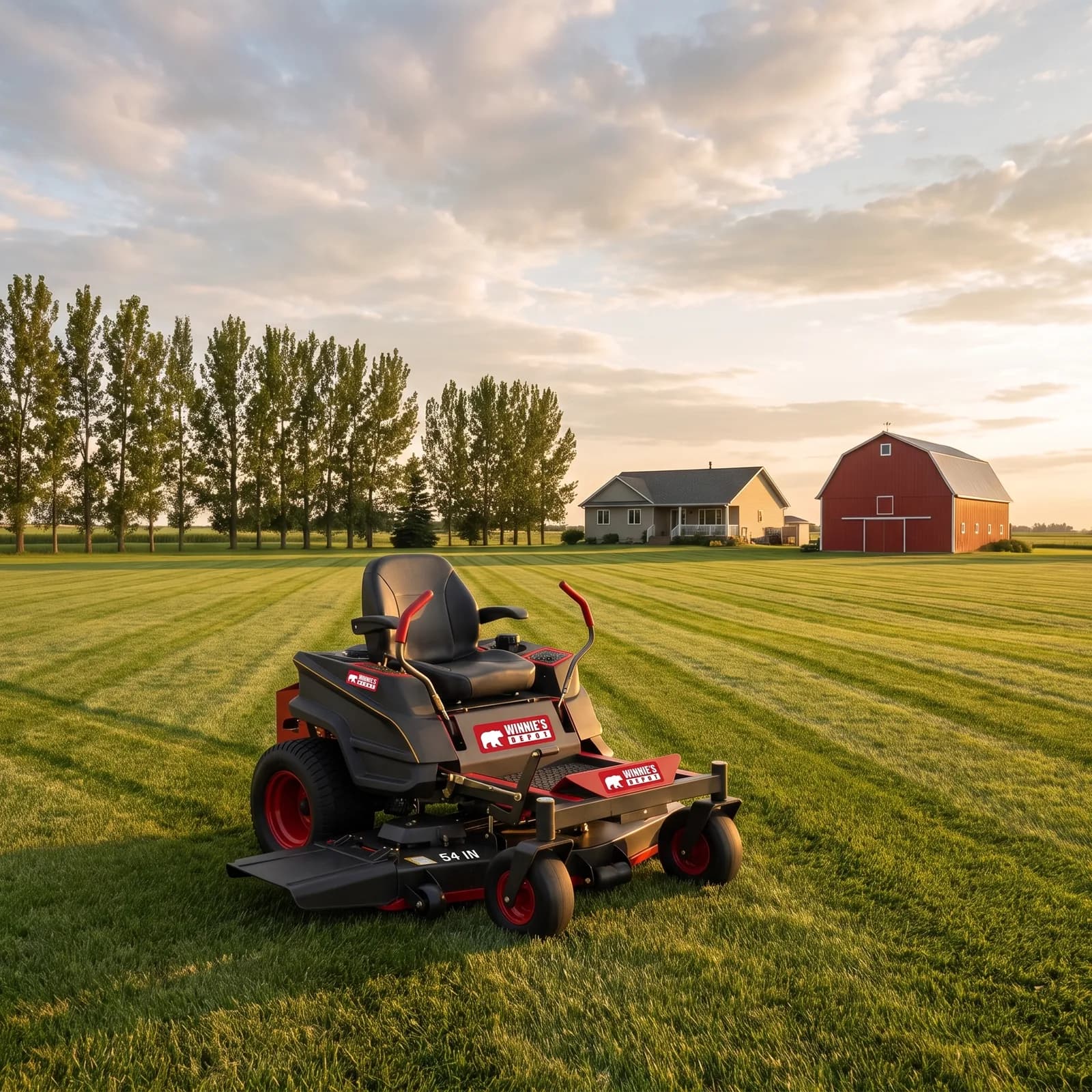 Prairie 54 Zero-Turn Mower on a freshly striped farm lawn at golden hour, farmhouse and red barn behind