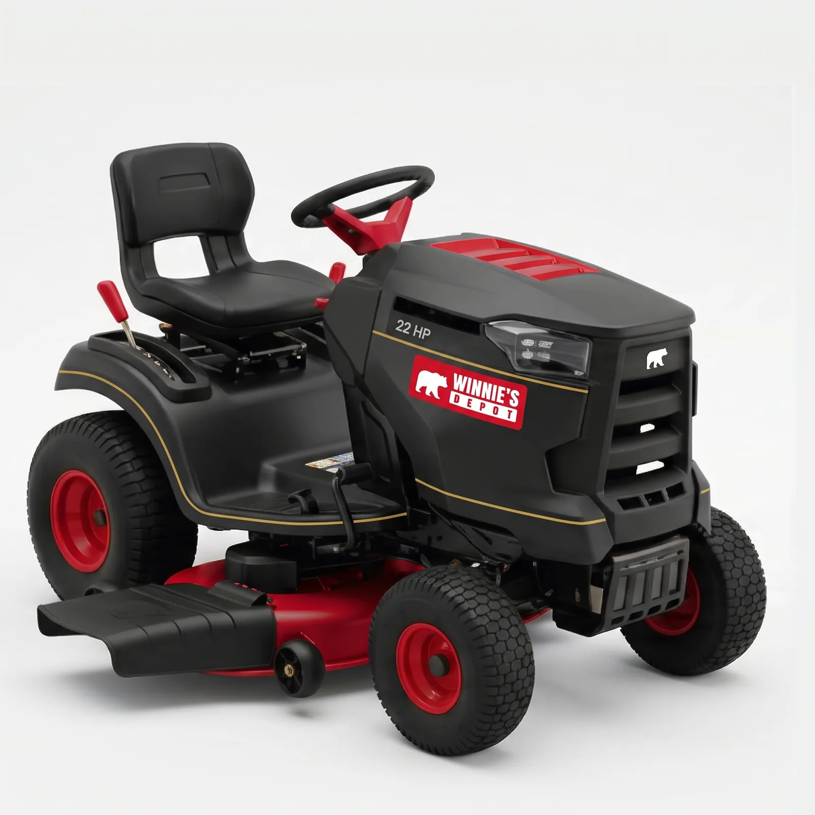 Three-quarter view of the Red River 46 Riding Lawn Mower: matte black, red wheels, WINNIE'S DEPOT hood decal, 22 HP badge