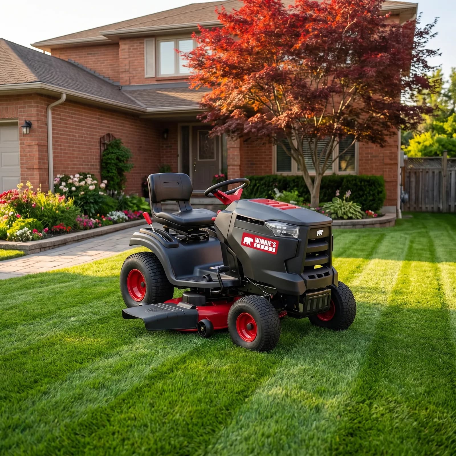 Red River 46 Riding Lawn Mower on a striped front lawn outside a red-brick home with a red maple tree
